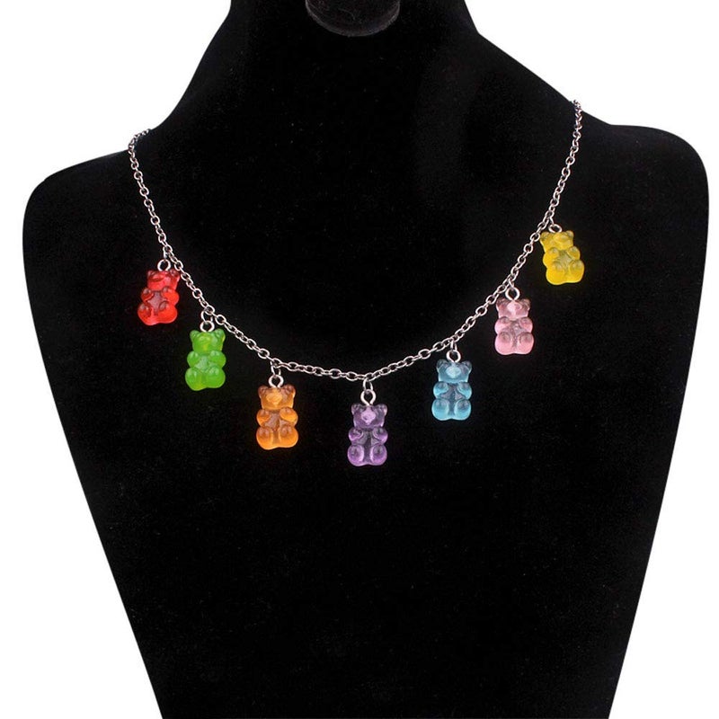 KURTCB Gummy Bear Necklace Colorful Resin Crazy Aesthetic Y2k Pendant Necklace for Women (Necklace Bracelet Hair Clip SET) - Image 4